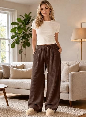 Astylish Women's Corduroy Elastic High Waisted Wide Leg Pants | Straight Leg, Casual Loose, Cozy, Trendy Office Trousers thumbnail 7