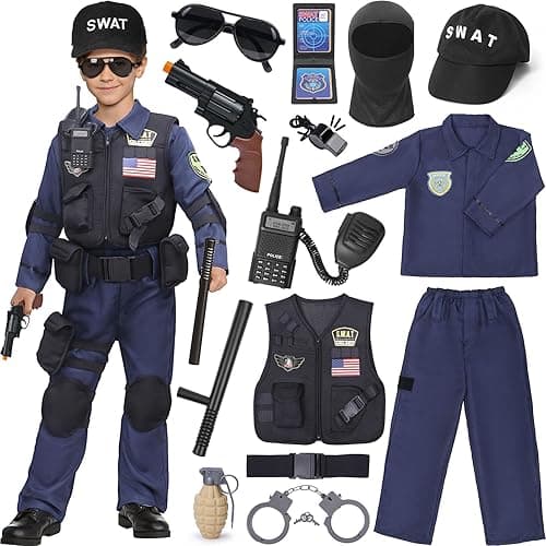 Latocos 15 PCS SWAT Police Officer Costume for Kids with Vest Accessories Cop Dress Up Role Play Set for Halloween Cosplay - 5-7