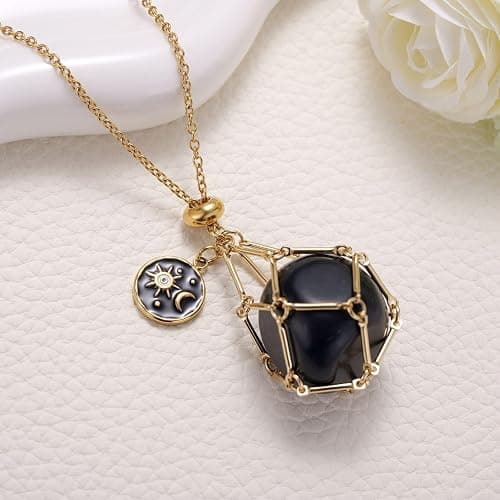 MIXJOY Black Obsidian Crystal Necklace for Women, Sun and Moon Celestial Pendant Protection Gift for Halloween Christmas thumbnail 2