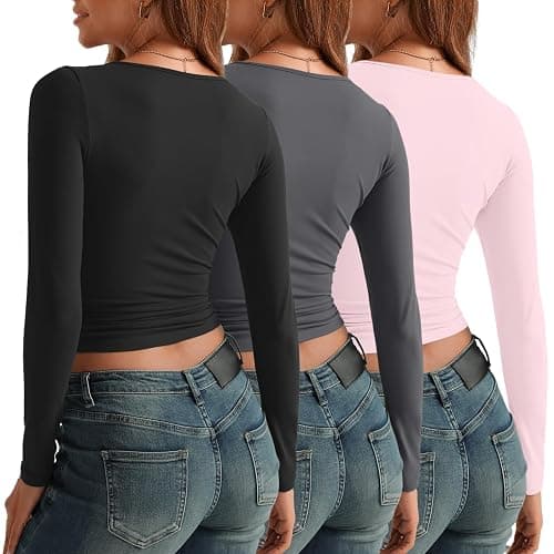 AUTOMET 3 Pack Womens Long Sleeve Shirts Fall Fashion Scoop Neck Crop Tops Basic Layer Slim Fit Y2K Clothes thumbnail 4