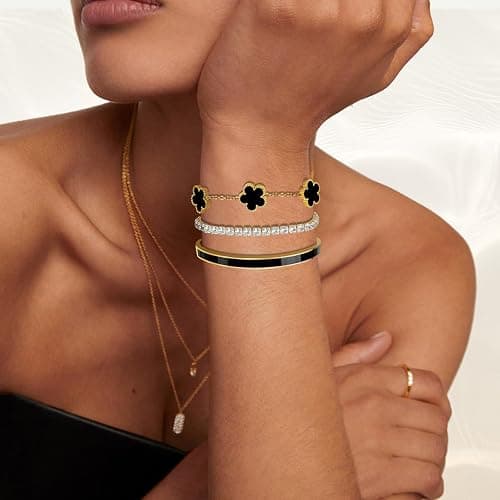 MOINSPIRE Gold Bracelets for Women, 18K Gold Plated Tennis Nail Clover love Bangle Bracelets Set Non Tarnish, Stainless Steel Trendy Stackable Bracelet Fashion Jewelry Accessories Gifts for Women thumbnail 2