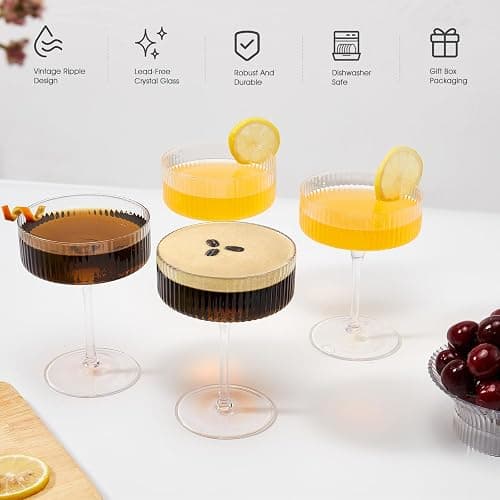 VENVENWEAVS Coupe Glasses Set Of 4,Hand-blow10 Oz Vintage Cocktail Glasses,Ribbed Martini Glasses For Espresso Martini, Champagne,Cosmopolitan,Manhattan,Cocktail Party,Cocktail Glassware Gift Set thumbnail 4