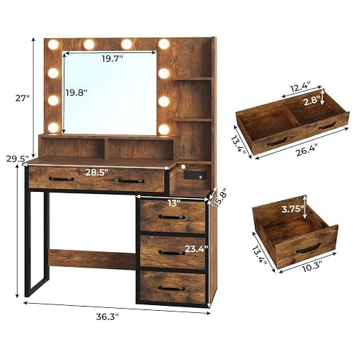 Tiptiper Vintage Makeup Vanity with Lights in 3 Colors, Vanity Table with Charging Station of 2 USB Ports and Outlets, Vanity Desk with Large Mirror, Drawers and Shelves, Rustic Brown and Black thumbnail 2