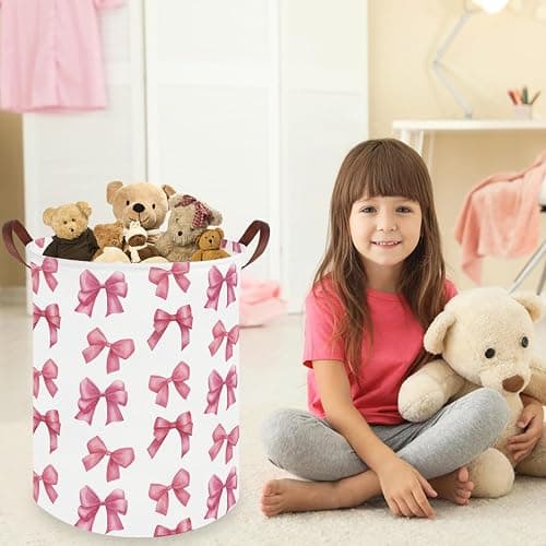 FXOCSHE Bow laundry basket for girls,Nursery Hamper,Pink Laundry Hamper,Waterproof collapsible canvas laundry basket for girls,Pink Girls Laundry Basket,Living Room Decor(Bowknot) thumbnail 4