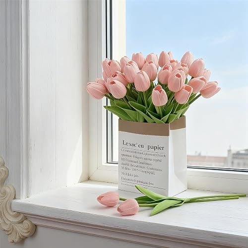 SHUERIET 20 Pcs Pink Artificial Tulips Faux Flowers, Real Touch Lifelike Fake Flower Bouquet, Home Kitchen Wedding Party Decorations, Spring Floral Arrangement thumbnail 2
