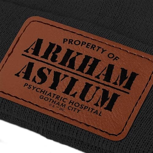 Batman Property of Arkham Asylum Unisex Rectangle Leather Patch Knit Beanie with Folded Cuff, Black thumbnail 3