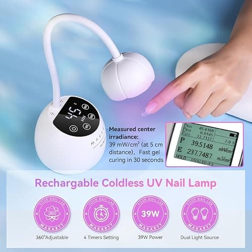 Makartt UV LED Nail Lamp - Gooseneck UV Light for Gel Nails Cherie Cordless USB 39W Nail Dryer LED Gel Lamp with 4 Times & Auto Sensor Fast Flash Curing Light for Salon Use (White) thumbnail 5