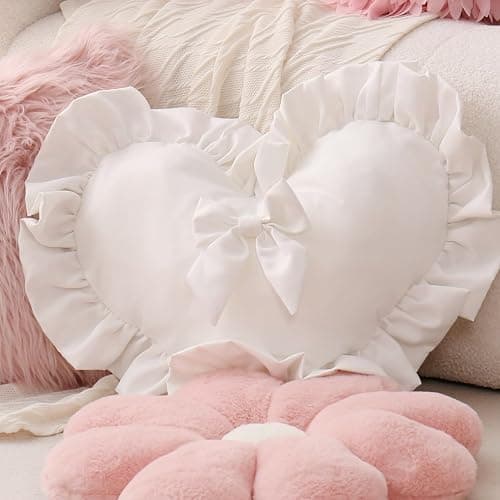 Jiuqianli Heart Pillow,Velvet Ruffed Love Bow Heart Shaped Throw Pillows Home Decoration Cushion for Sofa Bed Living Room (White) thumbnail 2