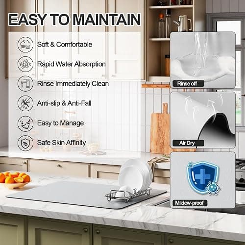 Ecotrim - Dish Drying Mat for Kitchen Counter | Coffee Bar Mat for Countertops | Heat Resistant Drainer Mat with Non-slip Rubber Backed | Hide Stain Kitchen Absorbent Draining Mat | Light Grey 16"x18" thumbnail 3