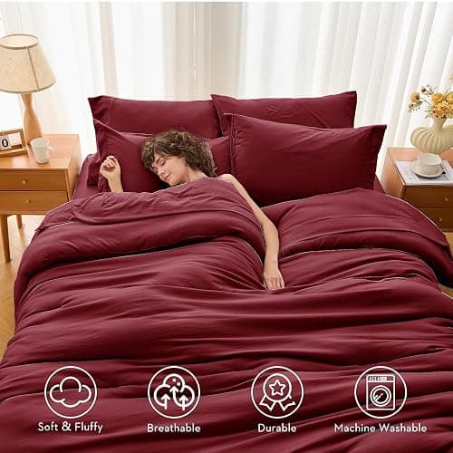 MUXHOMO 7 Pieces Full Comforter Set, Soft Bed in a Bag Full Size, All Season Bedding Set with Comforter, Flat Sheet, Fitted Sheet, Pillowcases & Shams, Burgundy Red thumbnail 3