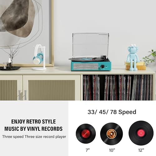 Record Player for Vinyl with 2 Build-in Speakers LP Vinyl Players Belt-Driven Vintage Turntables 3 Speed 3 Size, Wireless Bluetooth Playback, AUX-in, RCA Out, Headphone, Auto Stop Sea Blue thumbnail 4