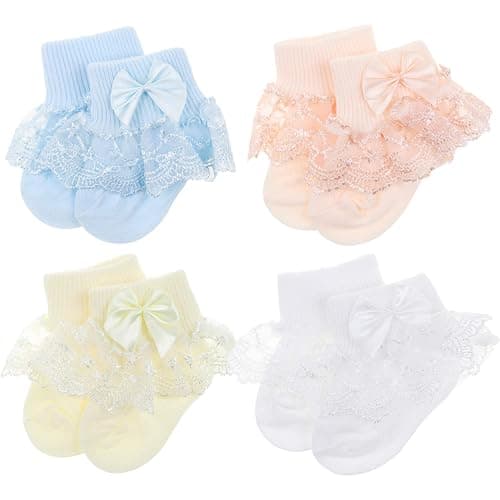 BQUBO Baby Girls Socks Eyelet Ruffle Lace Sock Baby Socks Newborn/Infant/Toddlers/Kids Frilly Summer Thin Dress Sock - 4 Pairs D: Lightsalmon, Skyblue, Lightyellow, White - 0-6 Months - Image 1