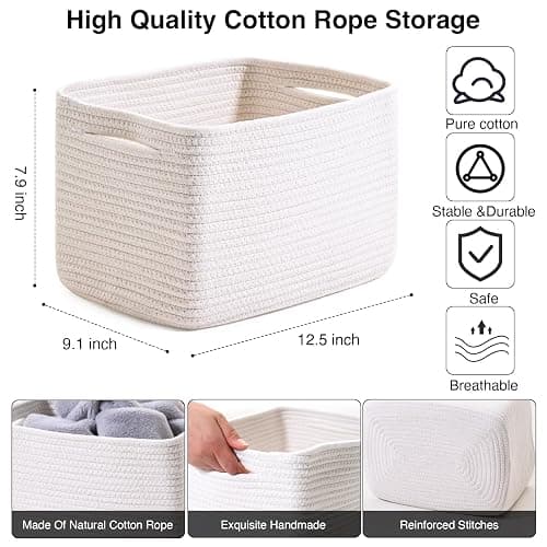 ICERZCZ Storage Baskets for Organizing, Woven Basket for Storage, Storage Baskets Bin for Shelves, Cotton Rope Basket with Handles, 12.5"Lx9.1"Wx7.9"H, (4 Packs) Off White thumbnail 3