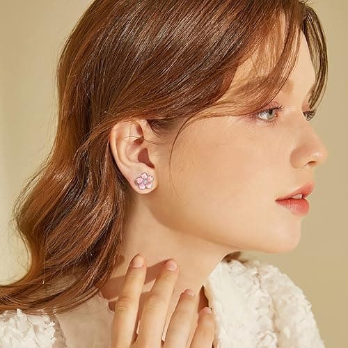 Pink Flower Earrings for Women, 925 Sterling Silver Stud Earrings, Cute Plumeria Earrings For Women, Cherry Blossom Hypoallergenic Stud - *Pink thumbnail 4