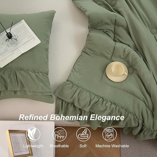 Bedding_Dreamer Sage Green King Size Comforter Set, 3-Piece Shabby Chic Ruffle Bedding, Soft Microfiber Boho Farmhouse Comforter for All Seasons thumbnail 8