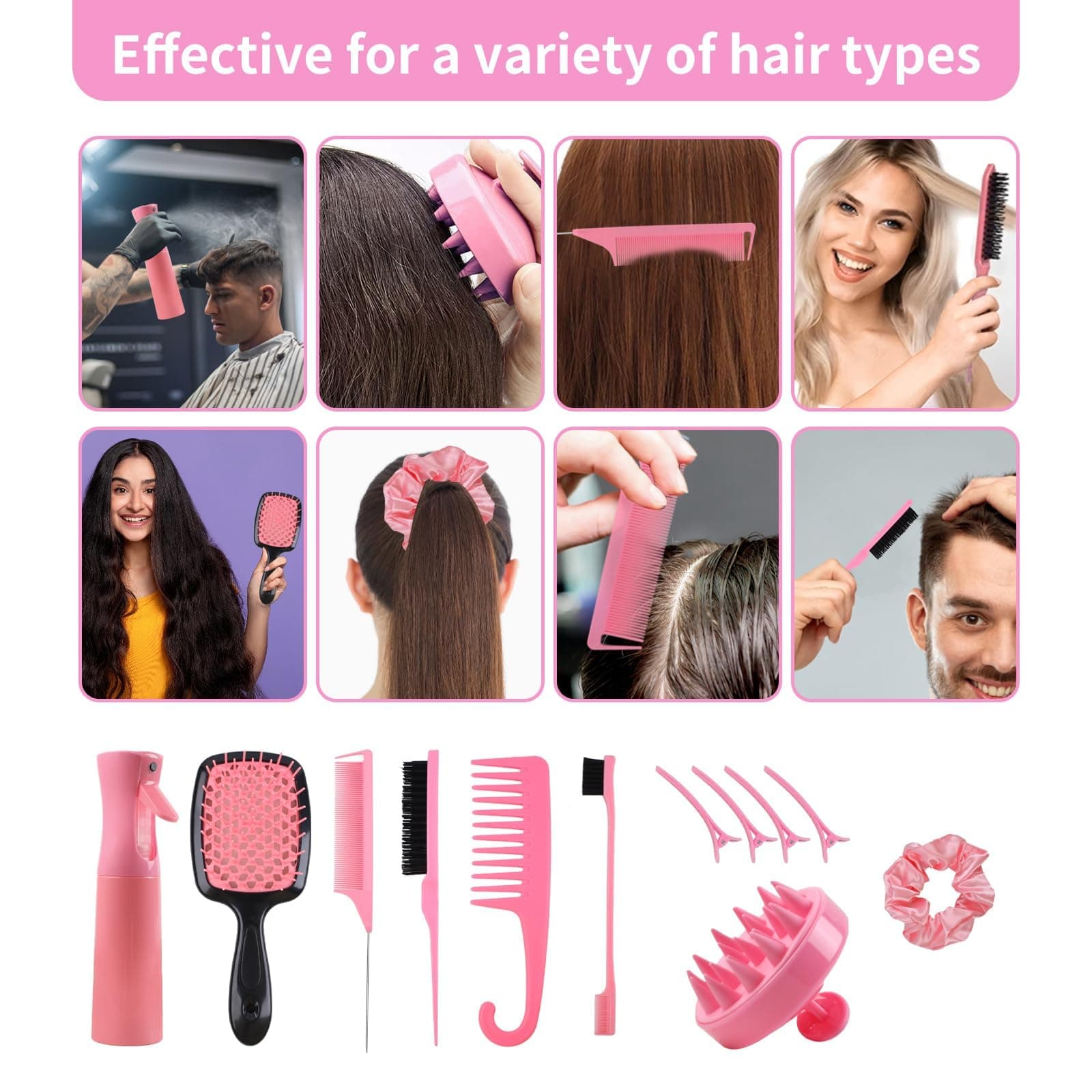 12 Pcs Hair Brush Set, 3 Pieces Slick Back Hair Brushes for Toddlers, Women, Detangling Brush for All Typs of Hair, Edge Bristles Wide Tooth Rat Tail Combs for Baby Girls Boys(pink) - Pink thumbnail 7
