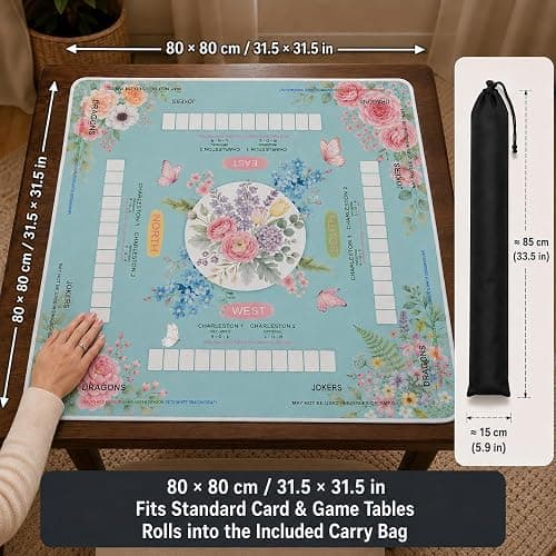 Chonwul Blue Mahjong Mat for Table with Rules, 31.5" x 31.5", Anti-Slip | Neoprene Rubber Game Mat with Carrying Bag; Chinoiserie Mah Jong Table Cover for Board, Poker, Card Games and Gifts for Women thumbnail 2