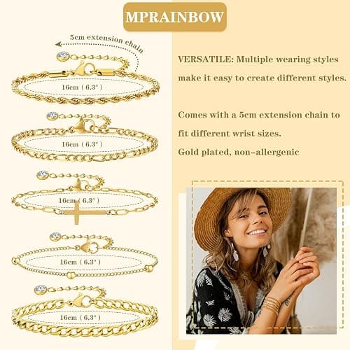 Cross Bracelets Gold Jewelry Gifts , 14k Gold Plated Layered Bracelet Snake Cuban Chain,Stackable Christian Bracelet Pack Womens Trendy Jewelry,Easter Christmas Christian Gift for Her Mom Girlfriend thumbnail 6