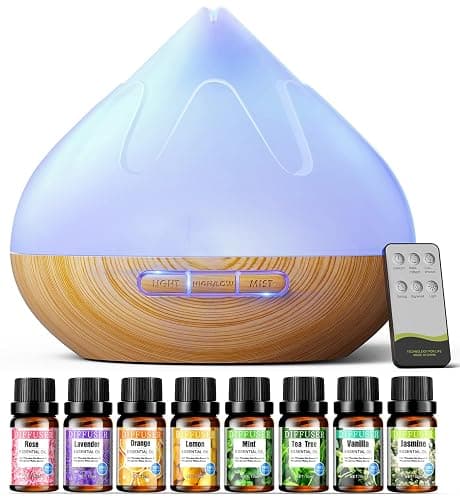 Aroma 500 ML Diffiser with Essential Oils Set, Essential Oil Diffuser with Remote Control, Humidifier with 14 Color Lights for Large Room, 4 Timer Setting, Auto Shut-Off - Image 1
