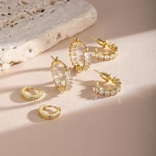 CAROVO 3 Pairs Gold/Silver Hoop Earrings for Women Trendy Dainty 14K Gold Plated Cubic Zirconia Stud Earrings Huggie Hoop Earrings Stack for Multiple Piercing Jewelry thumbnail 5