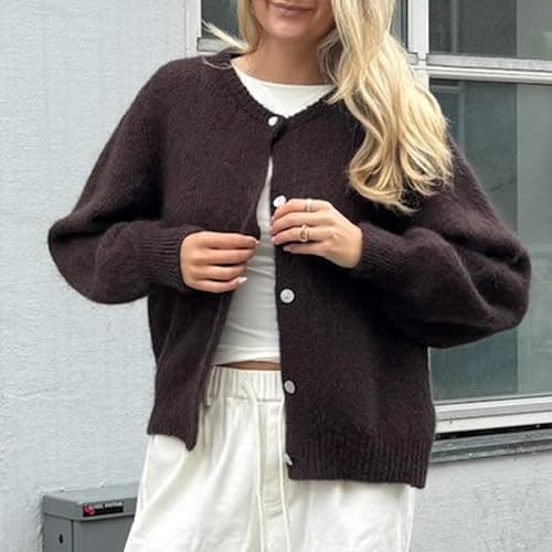 YILEEGOO Women's Solid Color Knit Cardigan Top V Neck Fuzzy Long Sleeve Button Down Sweaters thumbnail 2