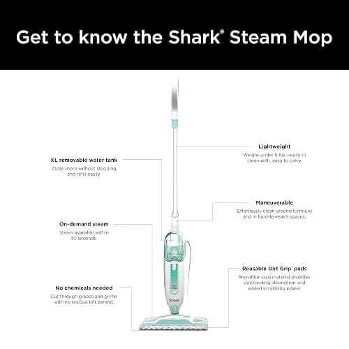 Shark Steam Mop with 2 Machine Washable Dirt Grip Pads, Removable Water Tank, Lightweight, Steam Cleaner for sealed Hard Floors, Marble, Stone, Hardwood, Tile, Laminate, White/Seafoam, S1000 thumbnail 11