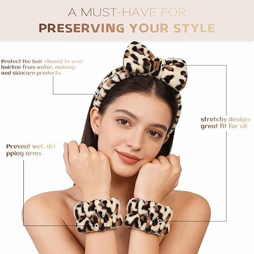Ayesha Spa Headband and Wristband Set for Skincare Washing Face,6pcs Cheetah print Makeup Headband Wrist Cuffs for Preppy Skincare Teen Girl Women thumbnail 3