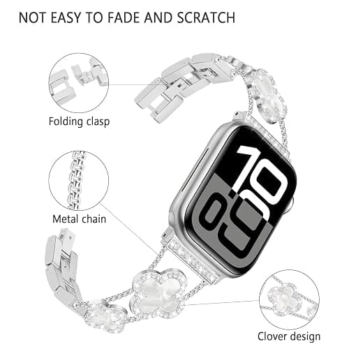 Sixmoat Bands Compatible with Apple Watch Band for Women 38mm 40mm 41mm 42mm 44mm 45mm 46mm 49mm, Bling Bracelet Designer Dressy Clover for iWatch Band Series SE Ultra 11 10 9 8 7 6 5 4 3 (Silver) thumbnail 3