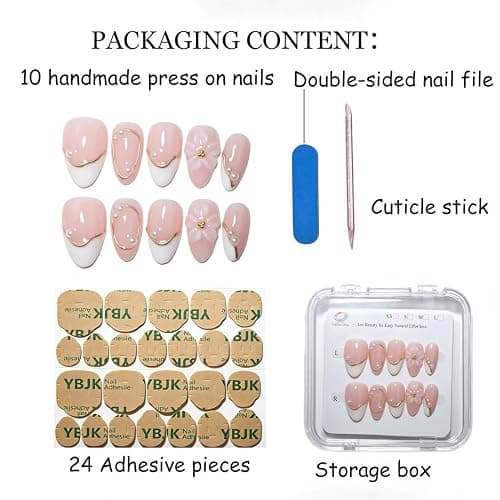 EasierGlow 10 Pcs Handmade Short Almond Press On Nails - Easy Apply & Remove, Reusable Salon Quality | Pink French Press Ons with 3D Flower, Gold Line & Pearl Accents (1TA25, S) thumbnail 5
