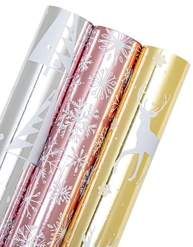 WRAPAHOLIC Christmas Wrapping Paper Roll - Mini Roll - 3 Rolls - 17 Inch X 120 Inch Per Roll - Christmas Tree, Reindeer, Snowflake Holiday Collection with Metallic Foil Shine - Image 1