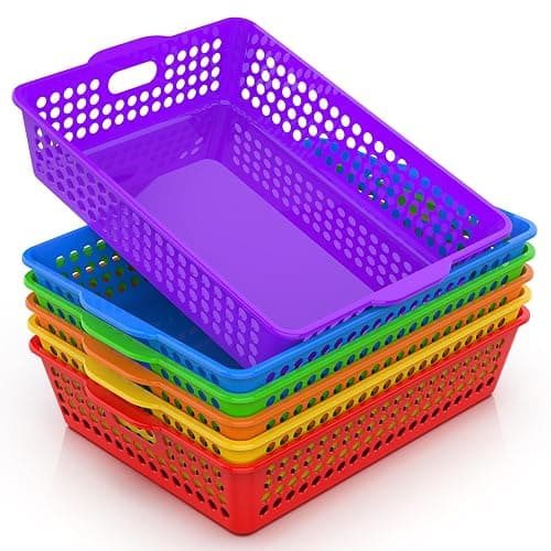 QRRICA 6 Pack Plastic Classroom Storage Baskets, Paper Trays for Classroom Organization & Turn in Trays for Teachers, Students, Desk Organizer Bin 13.8x10.6x3.1 Inch (Rainbow) - Image 1