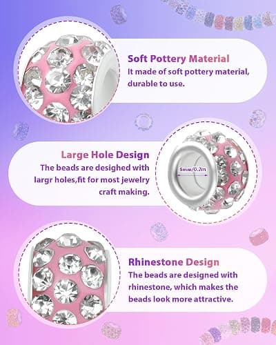 200PCS FIVEIZERO Rhinestone Large Hole Beads for Jewelry Making, 20 Colors Rhinestone European Bead Bulk Spacer Beads for Beadable Pens, DIY Crafts thumbnail 3