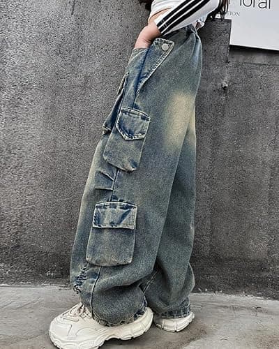 AOWKULAE Girls Jeans Cargo Pants Baggy Wide Leg High Elastic Waistband Kids Straight Denim Pant with Pockets 5-14Y thumbnail 4
