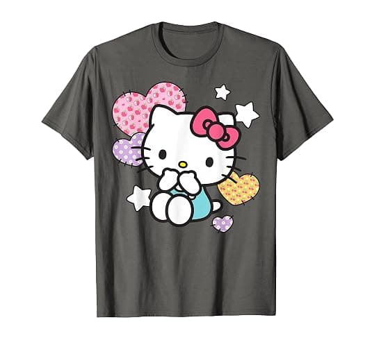 Hello Kitty Stars and Patched Hearts Apples Cherries Daisies T-Shirt - Image 1