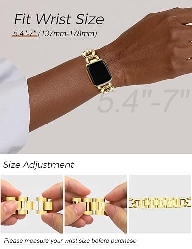 JR.DM Gold Watch Bands for Women Compatible with Apple Watch Band 46mm 42mm(S3/2/1) 44mm 45mm 49mm Adjustable Metal Single Chain Bracelet for iWatch Series 10/9/8/7/6/5/4/3/2/1/SE/Ultra (No Case) thumbnail 6