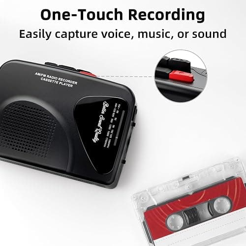 Walkmaner Cassette Player/Recorder, Am/FM Radio, Portable Cassette Player, Cassette Recording, Built-in Speakers, Manual Recording, T201 (Black) thumbnail 3