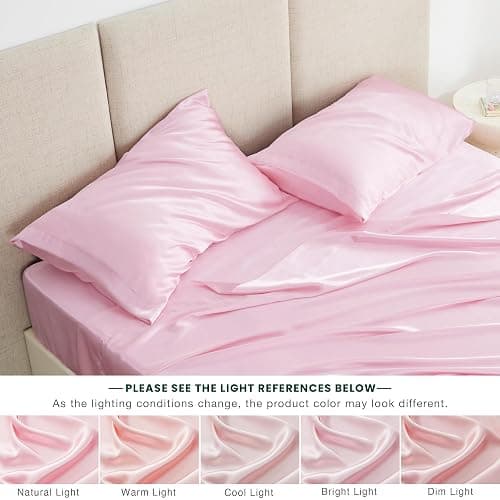 Love's cabin Satin Queen Sheets Set - 4 Piece Pink Silky Bed Sheets Set with Deep Pocket, Luxury Silk Feel Satin Queen Size Sheet Set (1 Flat Sheet,1 Fitted Sheet,2 Pillow Cases) thumbnail 3