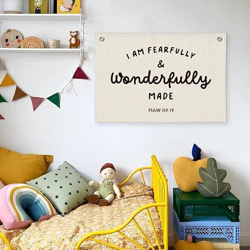 Wheatwin Kids Room Decor - Bible Verse Wall Hanging, 'I am Fearfully and Wonderfully Made' Linen Banner, Canvas Decoration for Classroom, Nursery, Kids Room - Psalm 139:14 thumbnail 5