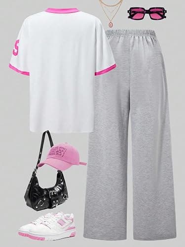 Floerns Girl's 2 Piece Outfit Number Print Short Sleeve T Shirts Wide Leg Pants Set thumbnail 2