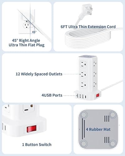 Extension Cord with Multiple Outlets, SMALLRT Flat Plug Surge Protector Power Strip Tower with USB 12 AC Outlets, 6.5FT Ultra Thin Extension Cord Outlet Extender for Home Office, Overload Protection thumbnail 3