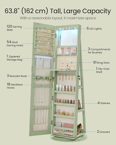 SONGMICS 6 LEDs Lockable Mirror Jewelry Cabinet, 360° Swivel Jewelry Organizer Armoire Standing, Frameless Full-Length Mirror, 3 Storage Shelves, Laurel Green Surface, Cream White Lining UJJC007C01 thumbnail 6