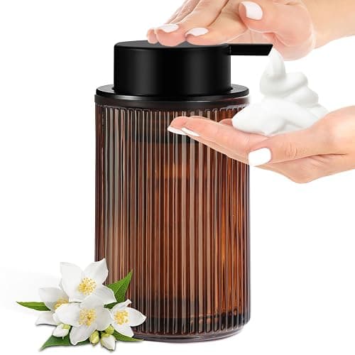 KASUNTING Foaming Soap Dispenser, Amber Glass Foam Hand Soap Dispenser for Bathroom, 11 Fl Oz Ribbed Refillable Foaming Pump Bottle with Black Pump, Modern Dish Soap Foam Dispenser - Image 1