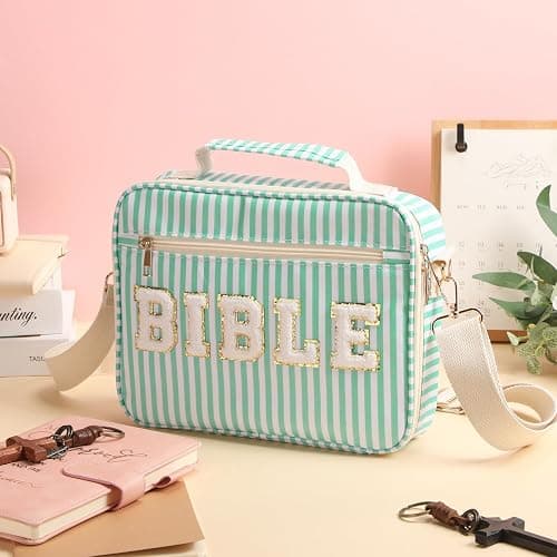 Dansydaisy Bible Cover Case for Women Large Chenille Letter Stripe Church Bible Bag with Shoulder Strap for Women(Green) thumbnail 7