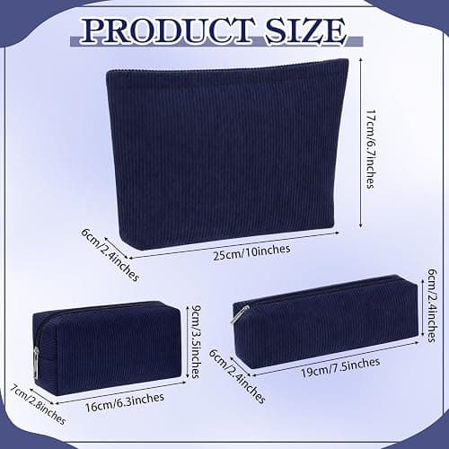 Huhumy 3 Pcs Corduroy Makeup Bag Set for Women, Dark Blue, Solid Style | Cosmetic Pouch Aesthetic Travel Toiletry Bag Cute Purse Pouch Makeup Brushes Storage Organizer with Zipper thumbnail 3