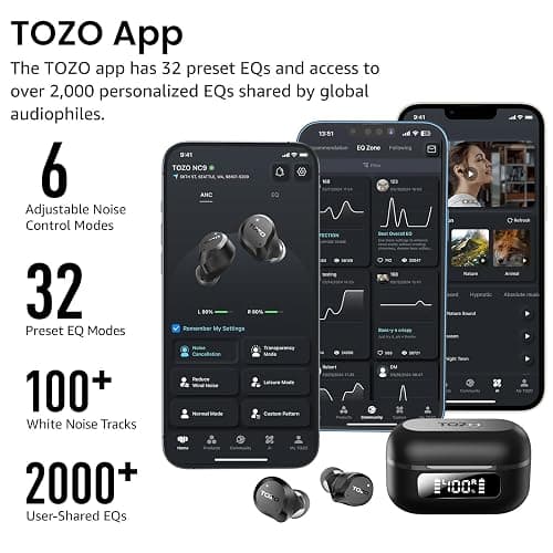TOZO NC9 Hybrid Active Noise Cancelling Wireless Earbuds, 6 Mics ENC Clear Call, IPX8 Waterproof, in Ear Bluetooth 5.3 Headphones Stereo Bass Ear Buds 60H Playtime with LED Display 32 EQs via APP thumbnail 6