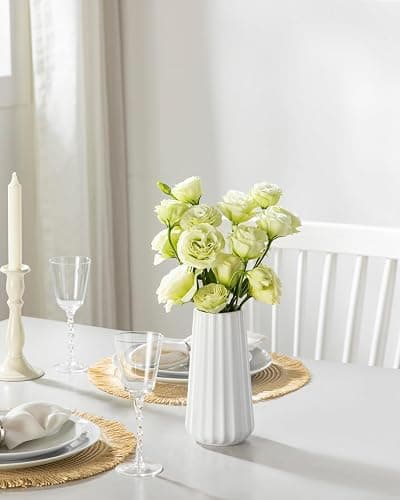vancasso Ceramic Vase, 7.8 Inch Modern Ribbed Glossy Decorative Vase, Flower vase for Home Decor, Living Room, Bedroom, Office Decor, White thumbnail 6