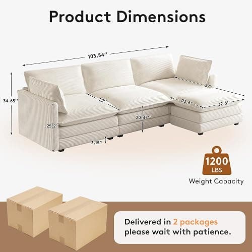 ROWHY 104'' Modular Sectional Cloud Couch with Movable Ottoman, 4 Seat Modern Corduroy Sofa, Deep Seat L Shaped Couch for Living Room Bedroom Apartment, Beige thumbnail 3