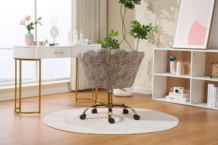 ZOBIDO Comfy Home Office Task Chair with Wheels, Cute Modern Upholstered PU Seashell Back Adjustable Swivel Vanity Desk Chair, for Women,for Girls, Living Room, Bedroom（Leopard thumbnail 5