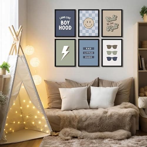 Boy Nursery Wall Art Decor Toddler Baby Boy Room Canvas Pictures Blue Cool Nursery Poster Teen Playroom Prints Long Live Boyhood Artwork for Kids Bedroom 8x10 Inch Black Wood Framed Set of 6 thumbnail 5