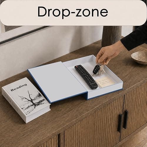 Decorative Books Set of 2, Blue and White Book Boxes with Hidden Storage | Magnetic Closure for Coffee Table and Bookshelf Styling; Organizes Remotes, Keys, Notes, Jewelry and Small Keepsakes thumbnail 6
